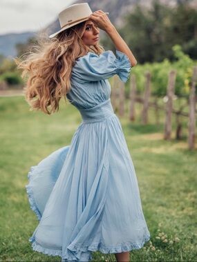 JessaKae | Blue Smocked Midi Dress Medium Cottagecore Puff Sleeve Romantic